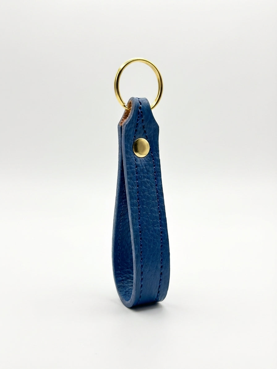 Royal Blue Italian pebble leather keychain keyring with brass hardware