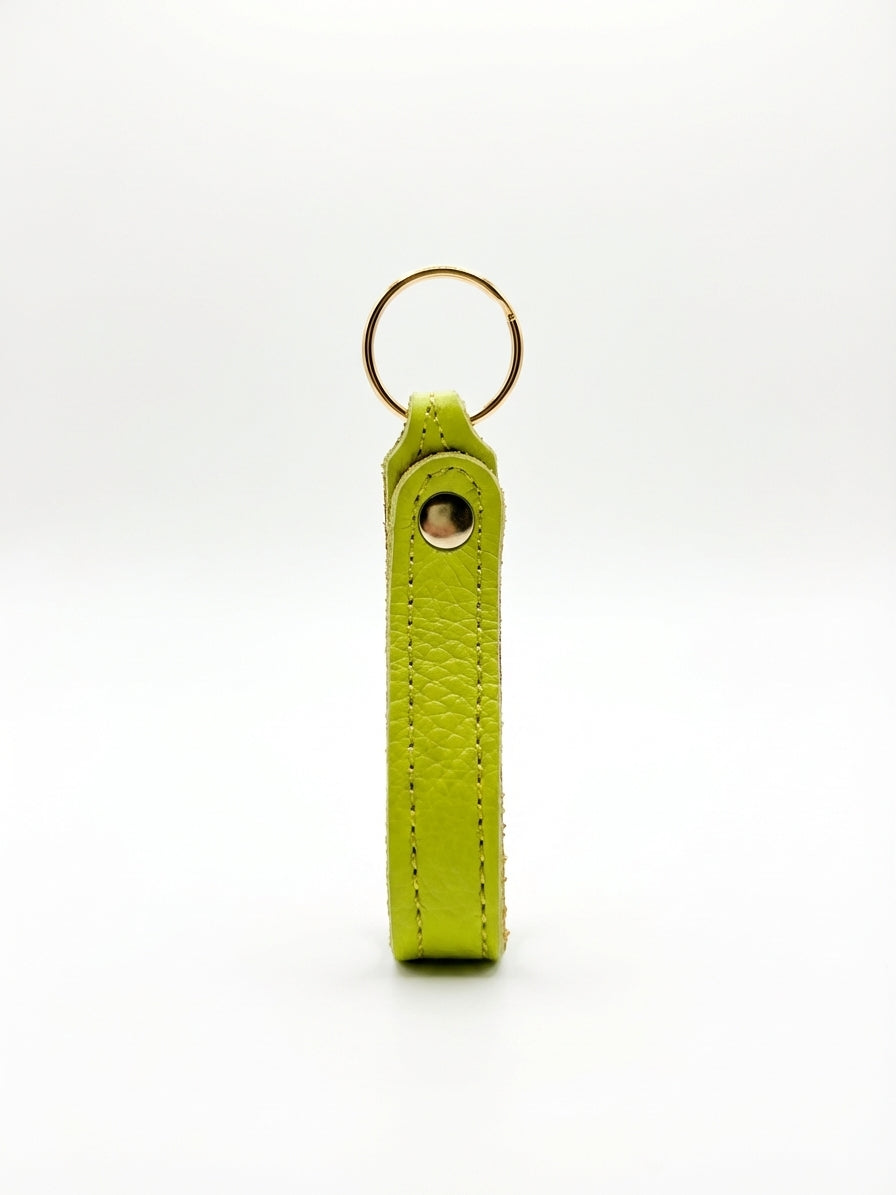 Lime green Italian pebble leather keychain keyring with brass hardware