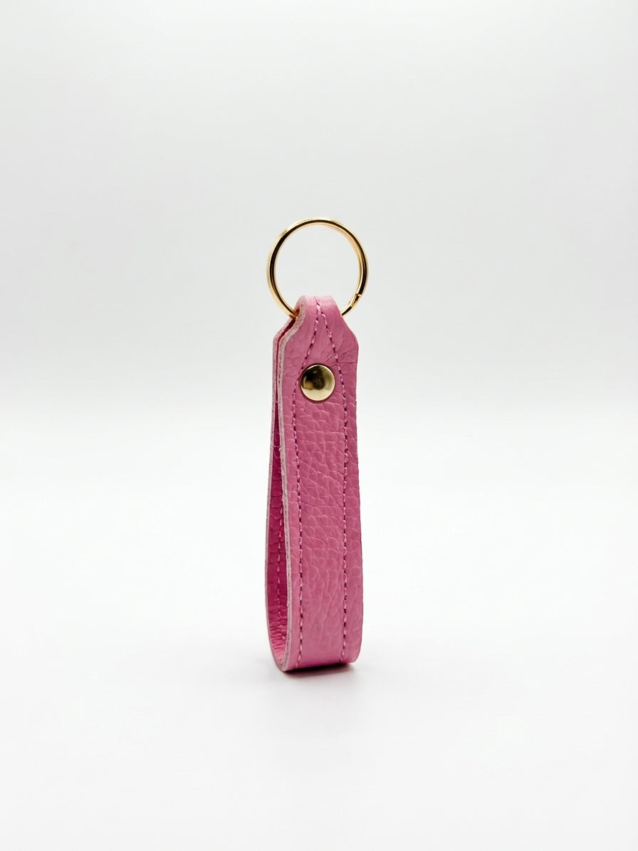 Pink Italian pebble leather keychain keyring with brass hardware