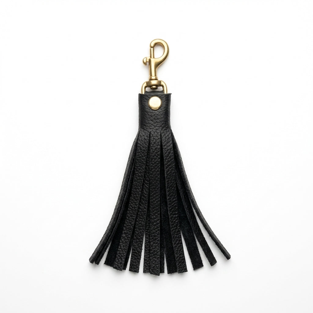 Black Italian pebble leather tassel keychain keyring with brass hardware