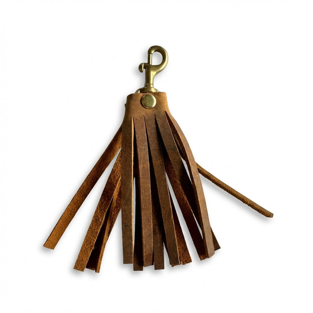 Brown premium leather tassel keychain keyring with brass hardware