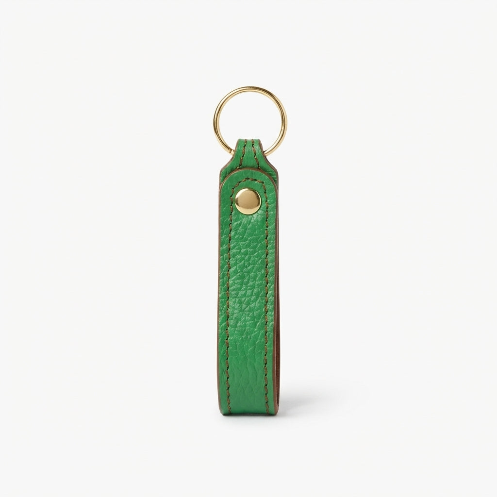 Green Italian pebble leather keychain keyring with brass hardware